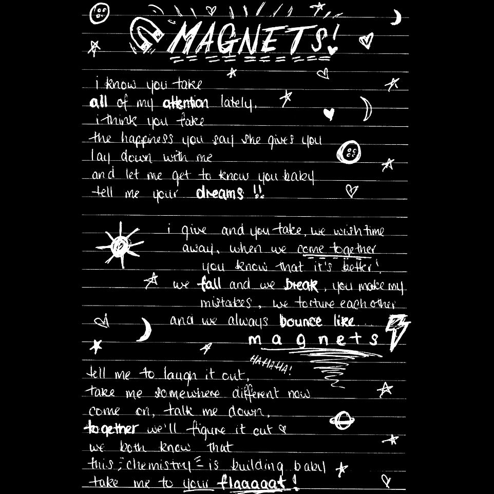 Handwritten lyrics of Magnets by Sophie Li